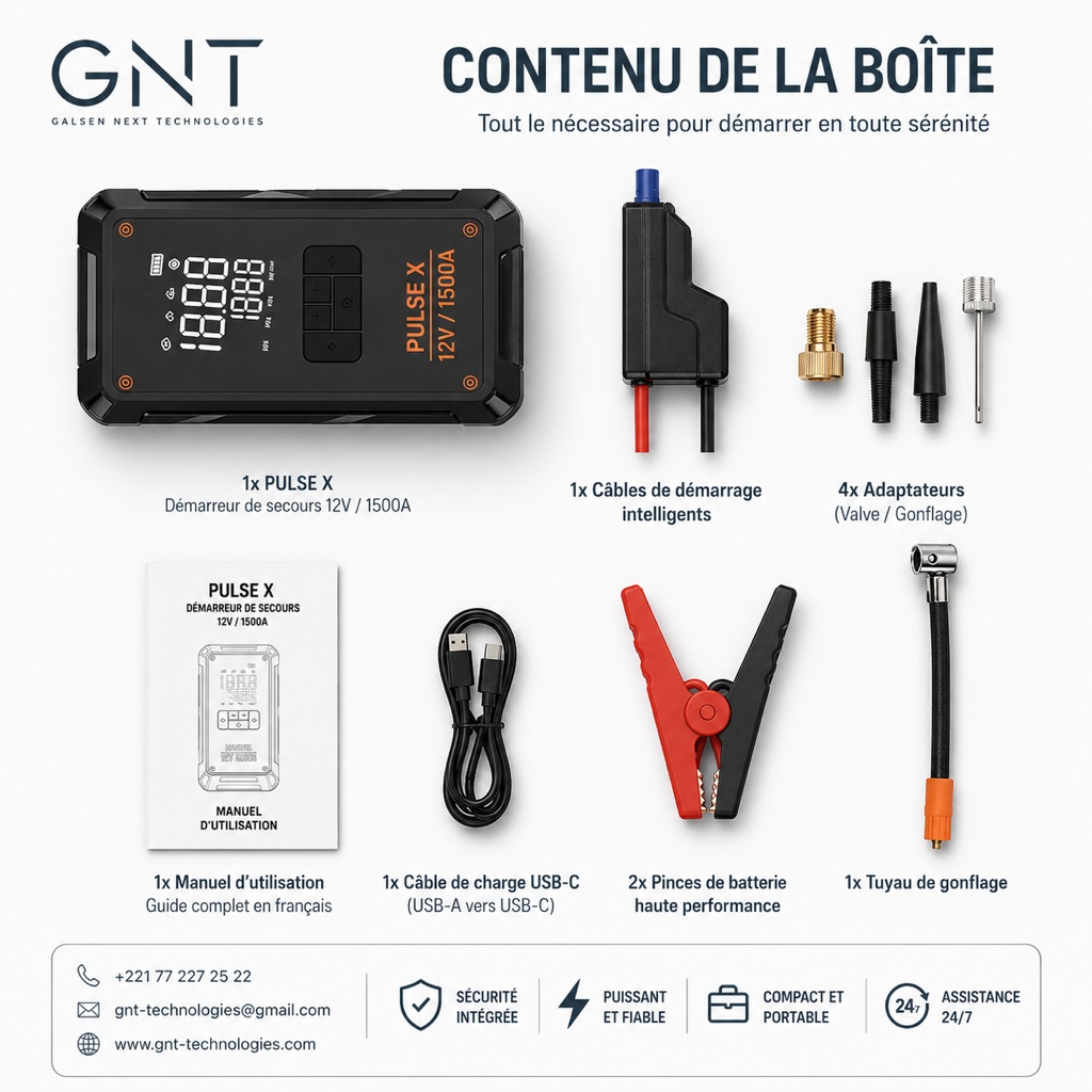Contenu de la boîte Pulse X : appareil, câbles de démarrage, adaptateurs, manuel, câble USB-C, pinces de batterie et tuyau de gonflage