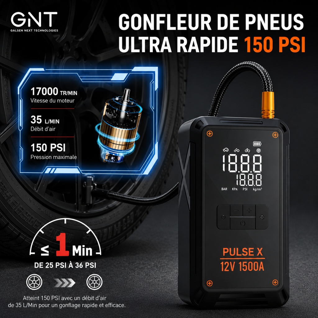 Pulse X, gonfleur de pneus portable ultra rapide 150 PSI de GNT