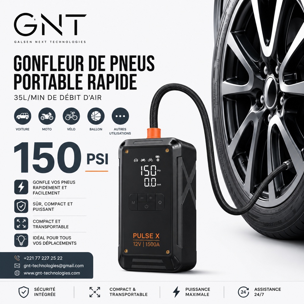 Pulse X en train de gonfler un pneu de voiture à 150 PSI