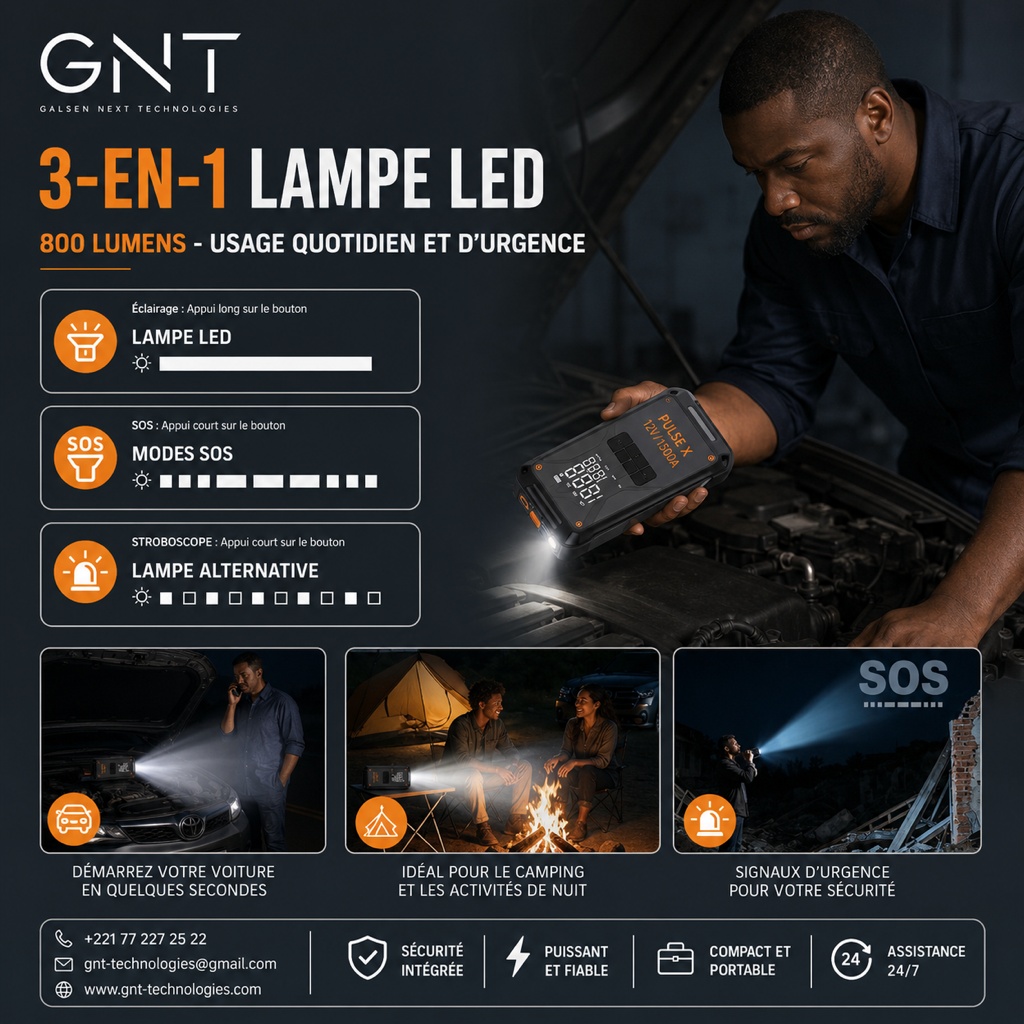 Fonction lampe LED 3-en-1 de Pulse X, utilisée par un homme sous le capot d'une voiture la nuit