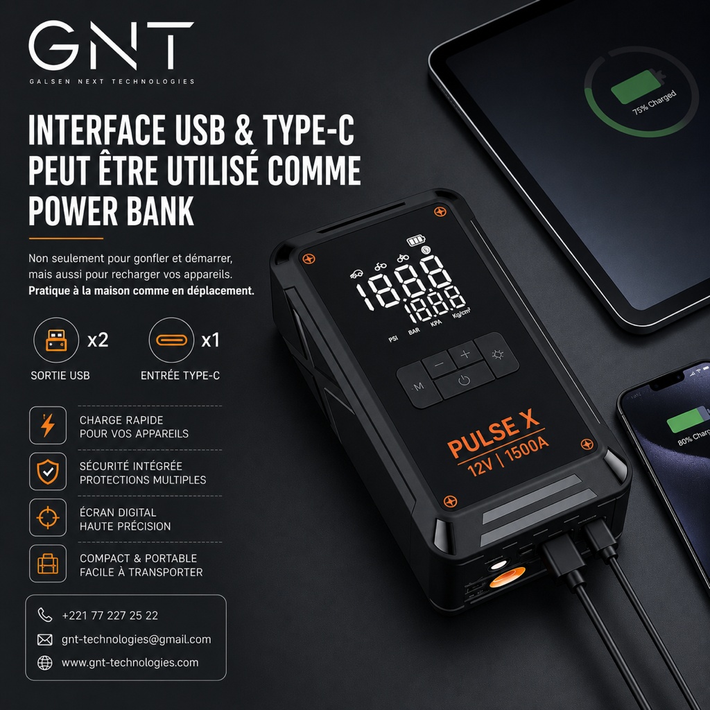 Pulse X utilisé comme power bank avec interface USB et Type-C
